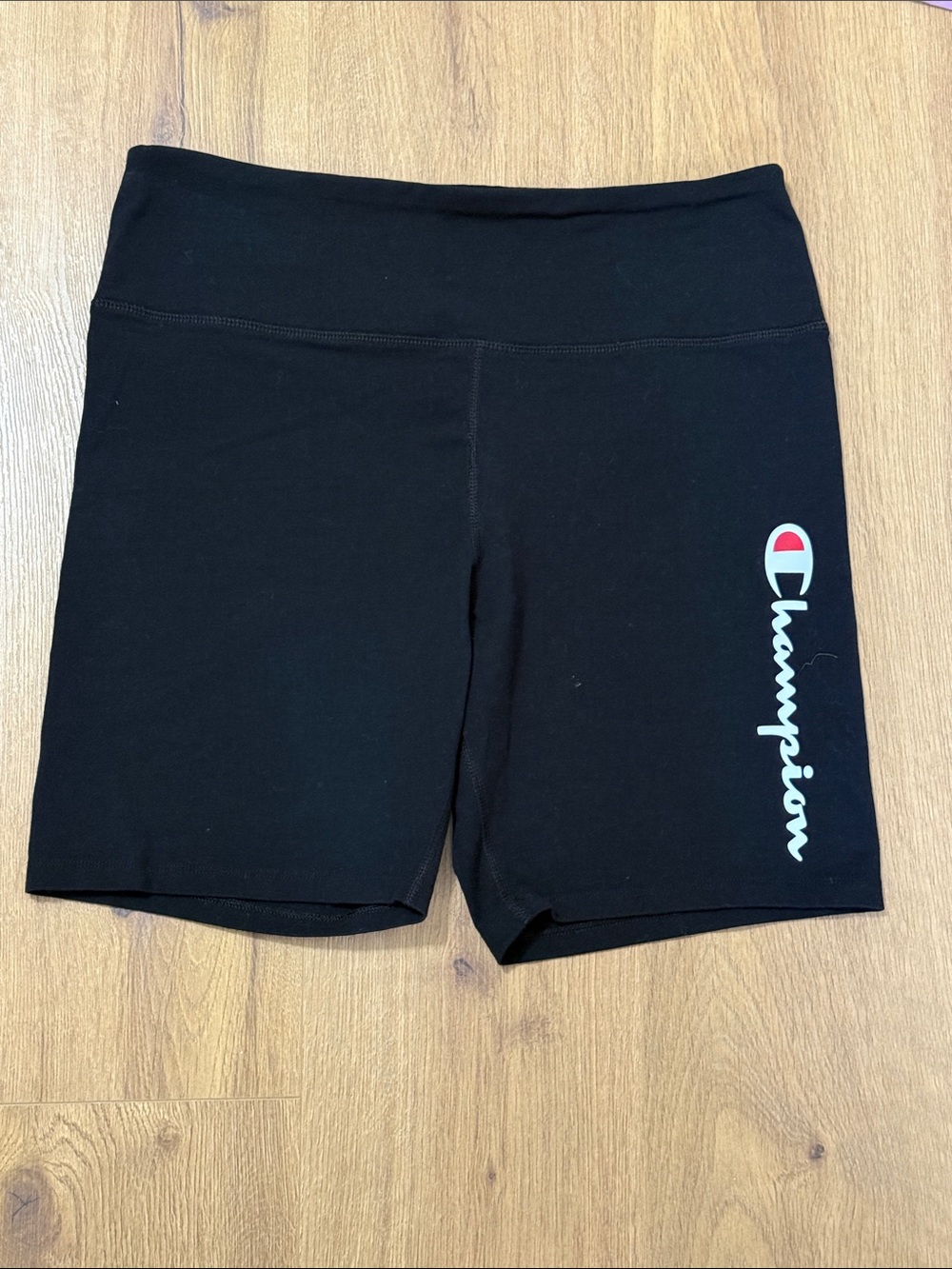 Champion Black Bike Shorts with White Script and Red Accent